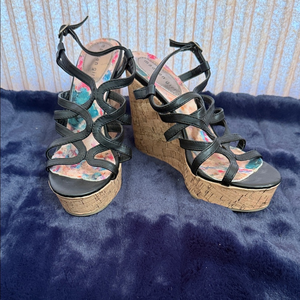 Madden Girl Black Strappy Wedge Sandals